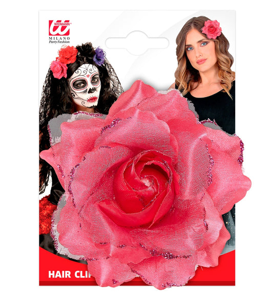 Widmann Haarclip – Rosa Rose mit Glitzer – Haaraccessoire - Fasnacht24.ch