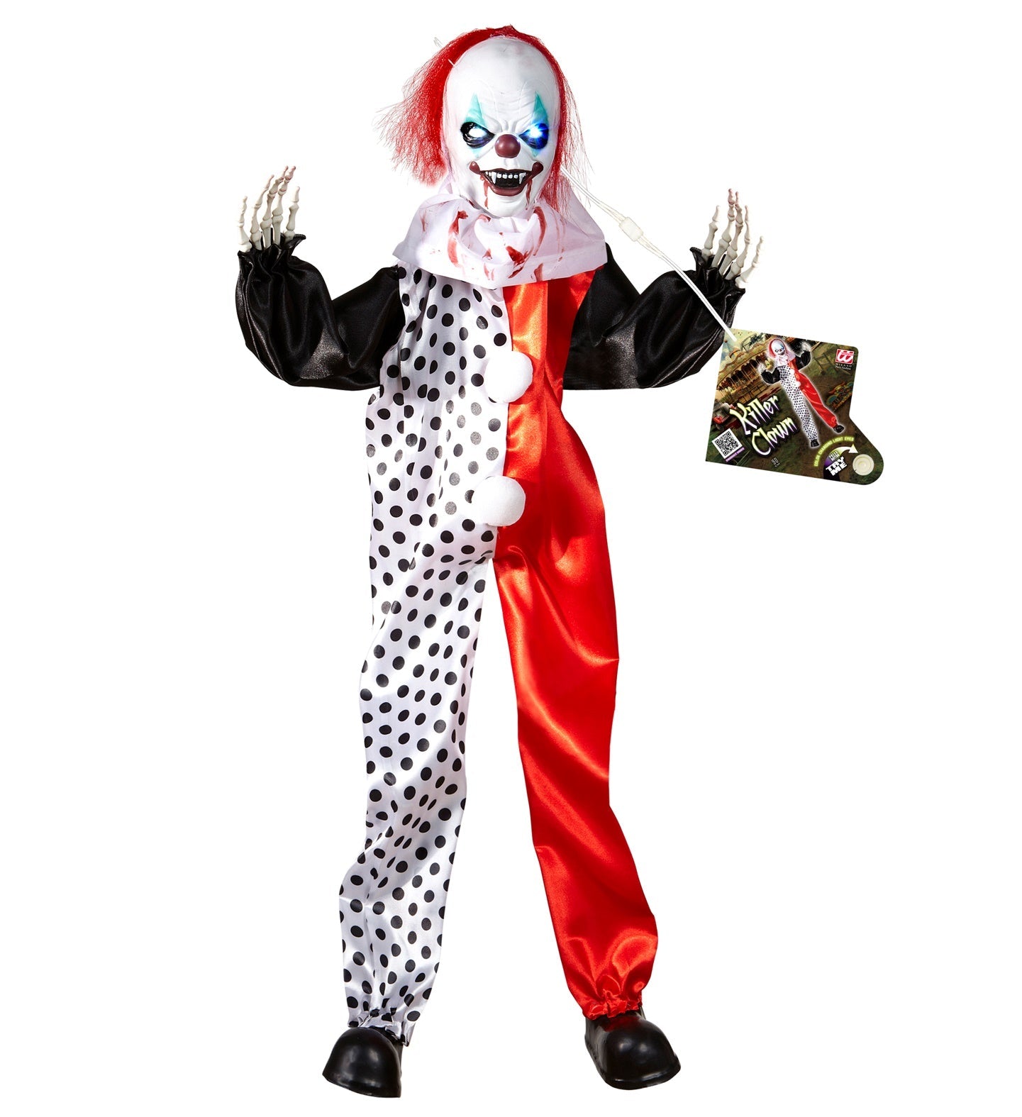 90 cm große Killer Clown Figur mit wechselnden LED-Augen in gruseliger Halloween-Deko