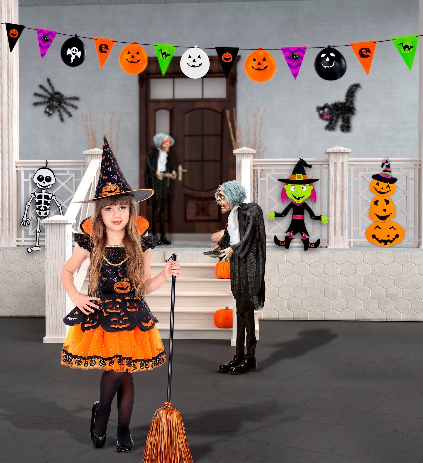 Halloween Girlande – Widmann 8 Fahnen & 5 Luftballons 3,6 m Orange-Schwarz - Fasnacht24.ch