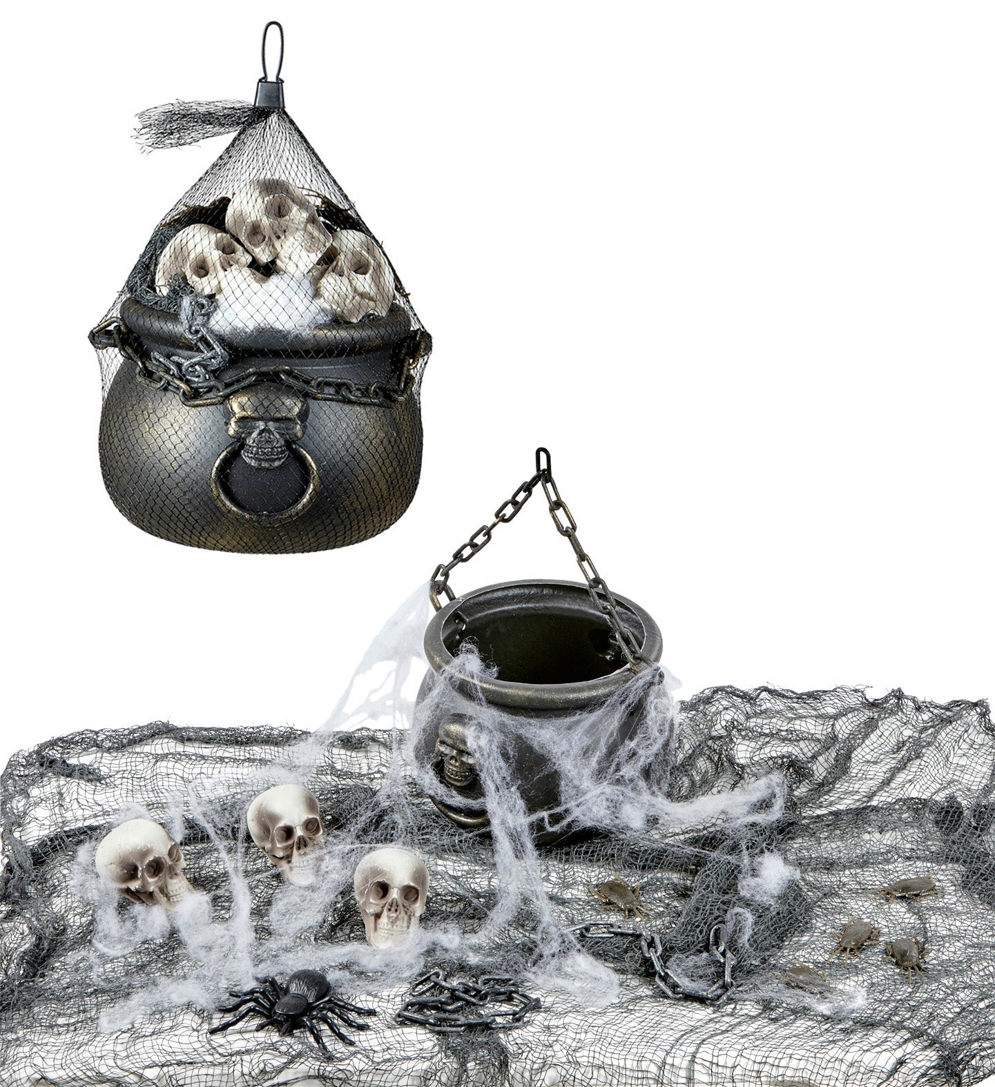 Widmann Halloween Dekorationsset – Kessel, Totenköpfe & Spinnennetz - Fasnacht24.ch