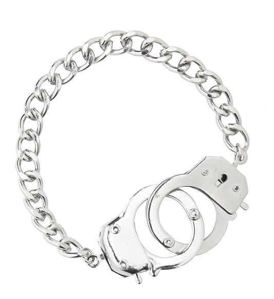 Matte silver metal handcuff bracelet with chain links.