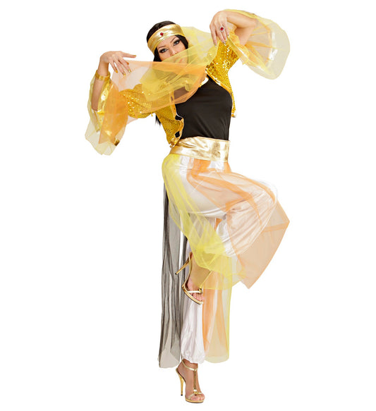 Damenkostüm Harem Tänzerin mit goldener Paillettenjacke, Schleier und Gürtel im 1001 Nacht Stil