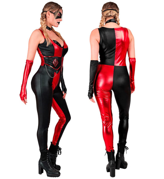 Grau-schwarzer Harlequin Overall mit Augenmaske und fingerlosen Handschuhen für Damen.