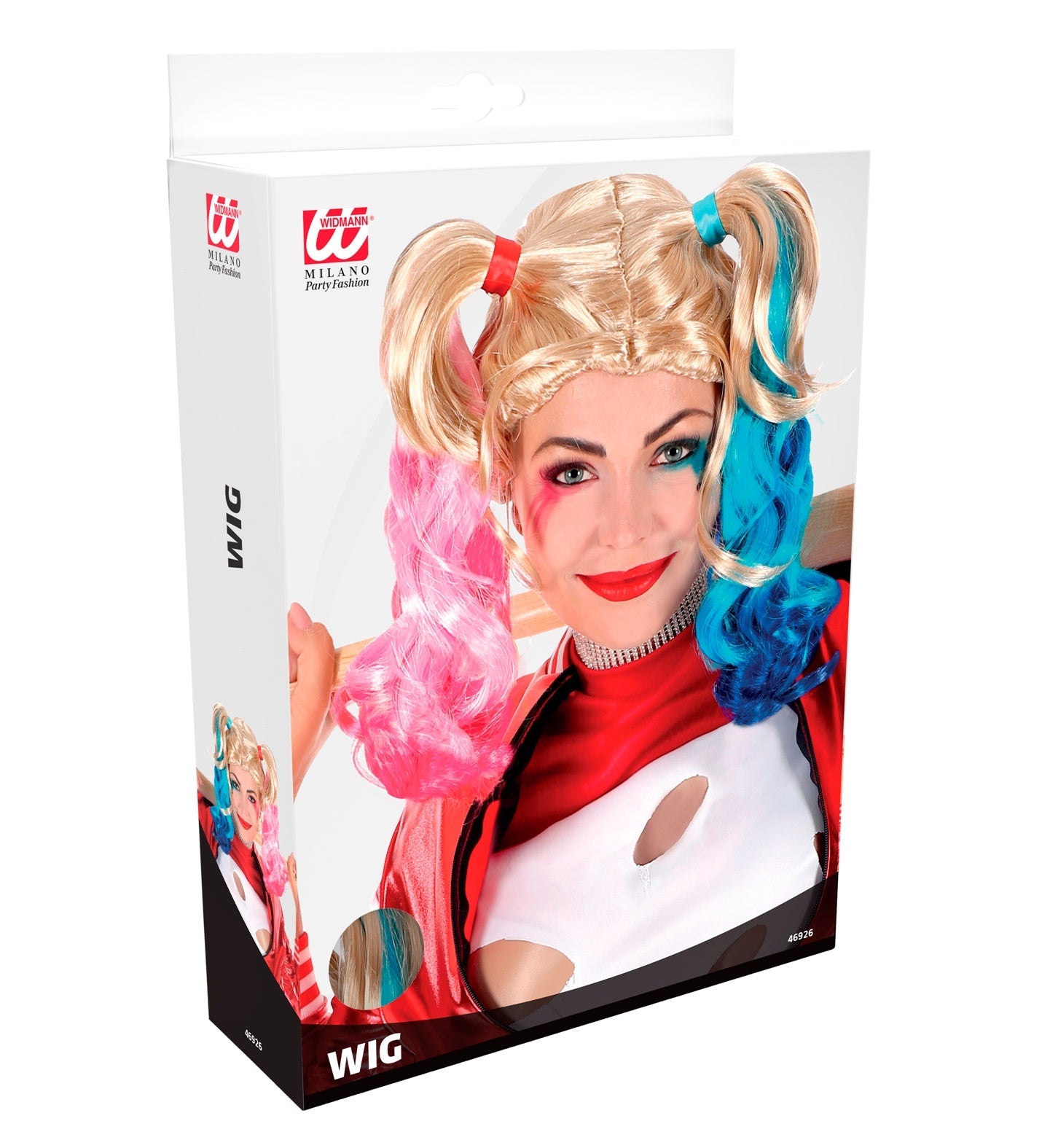 Harley Quinn wig with two-tone blonde and blue braided pigtails in a clear box.