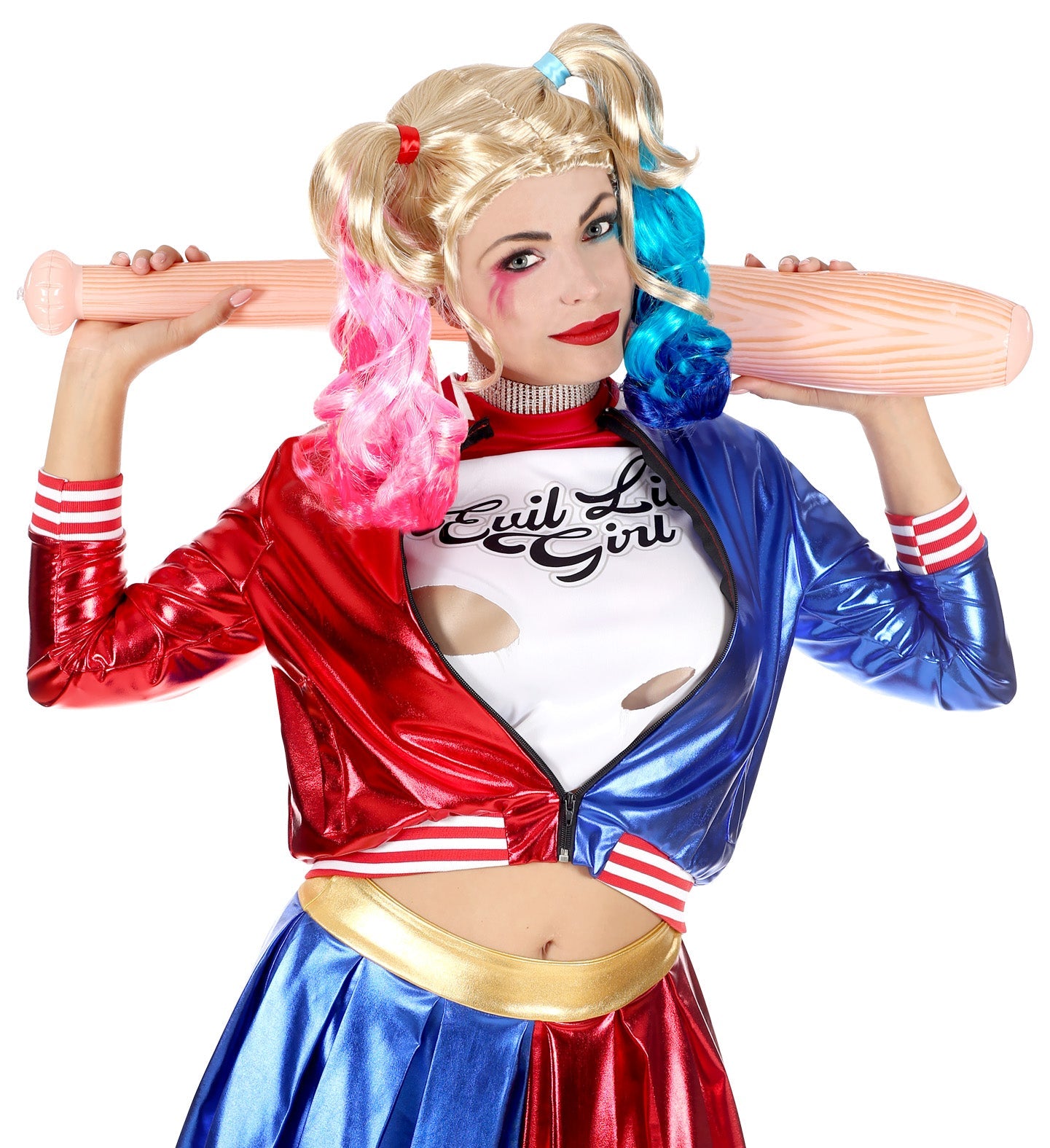 Two-tone Harley Quinn wig with blonde and pink braided pigtails.