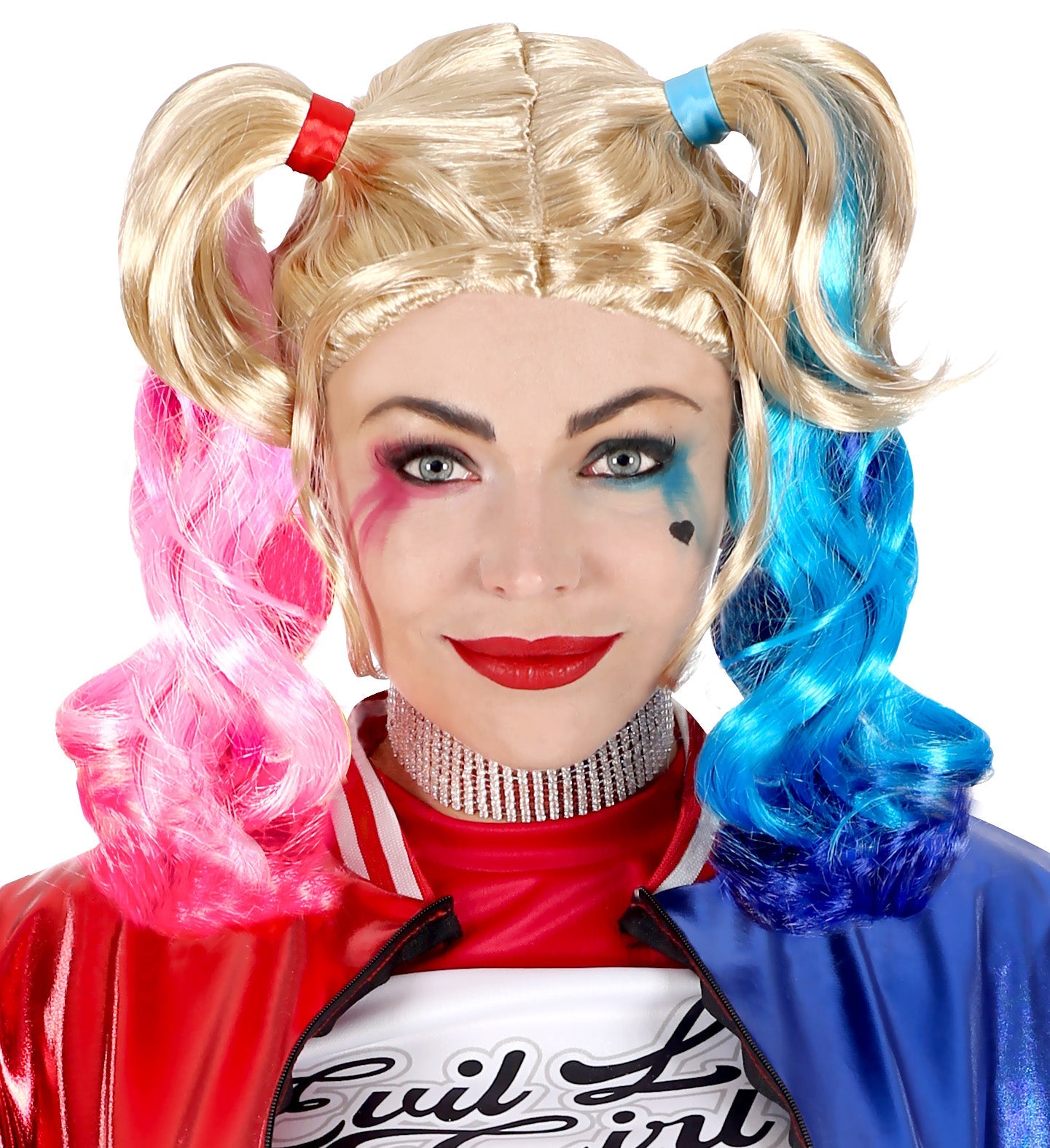 Blonde Harley Quinn wig with pink and blue braided pigtails.