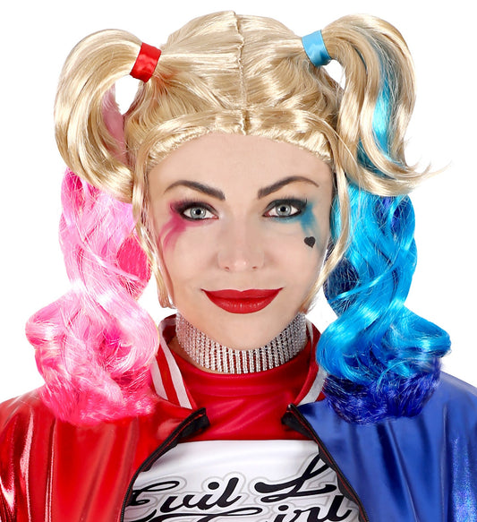 Blonde Harley Quinn wig with pink and blue braided pigtails.