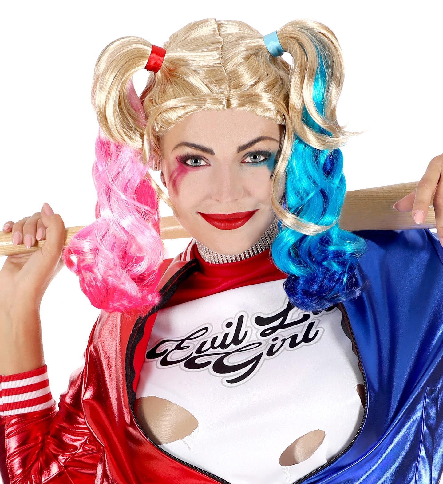 Two-tone blonde and pink Harley Quinn wig with braided pigtails.