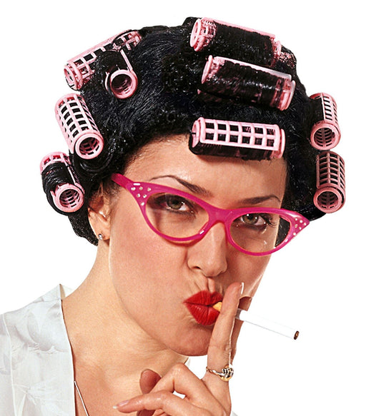 Widmann Hausfrau Perücke Mit Lockenwickler – Schwarz, Pinke Wickler - Fasnacht24.ch