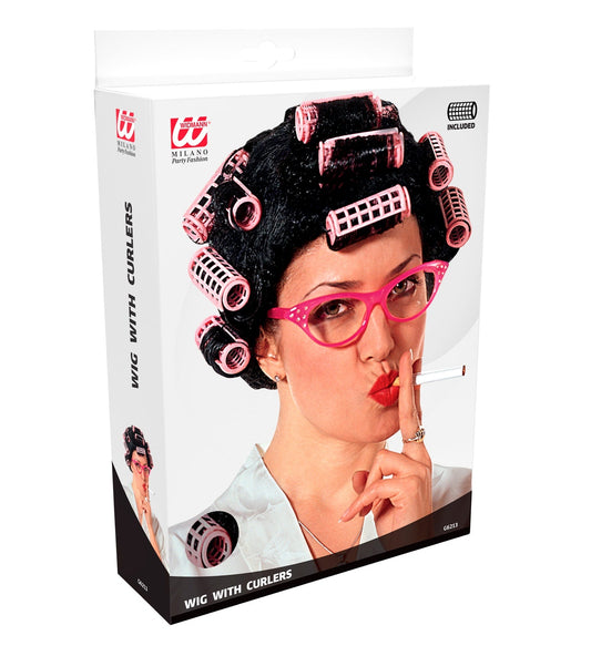 Widmann Hausfrau Perücke Mit Lockenwickler – Schwarz, Pinke Wickler - Fasnacht24.ch