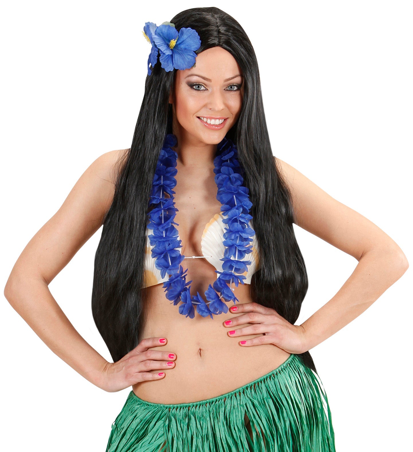 Blaue Stoffblütenkette auf stabiler Schnur, ideal für sommerliche Outfits und Strandpartys.