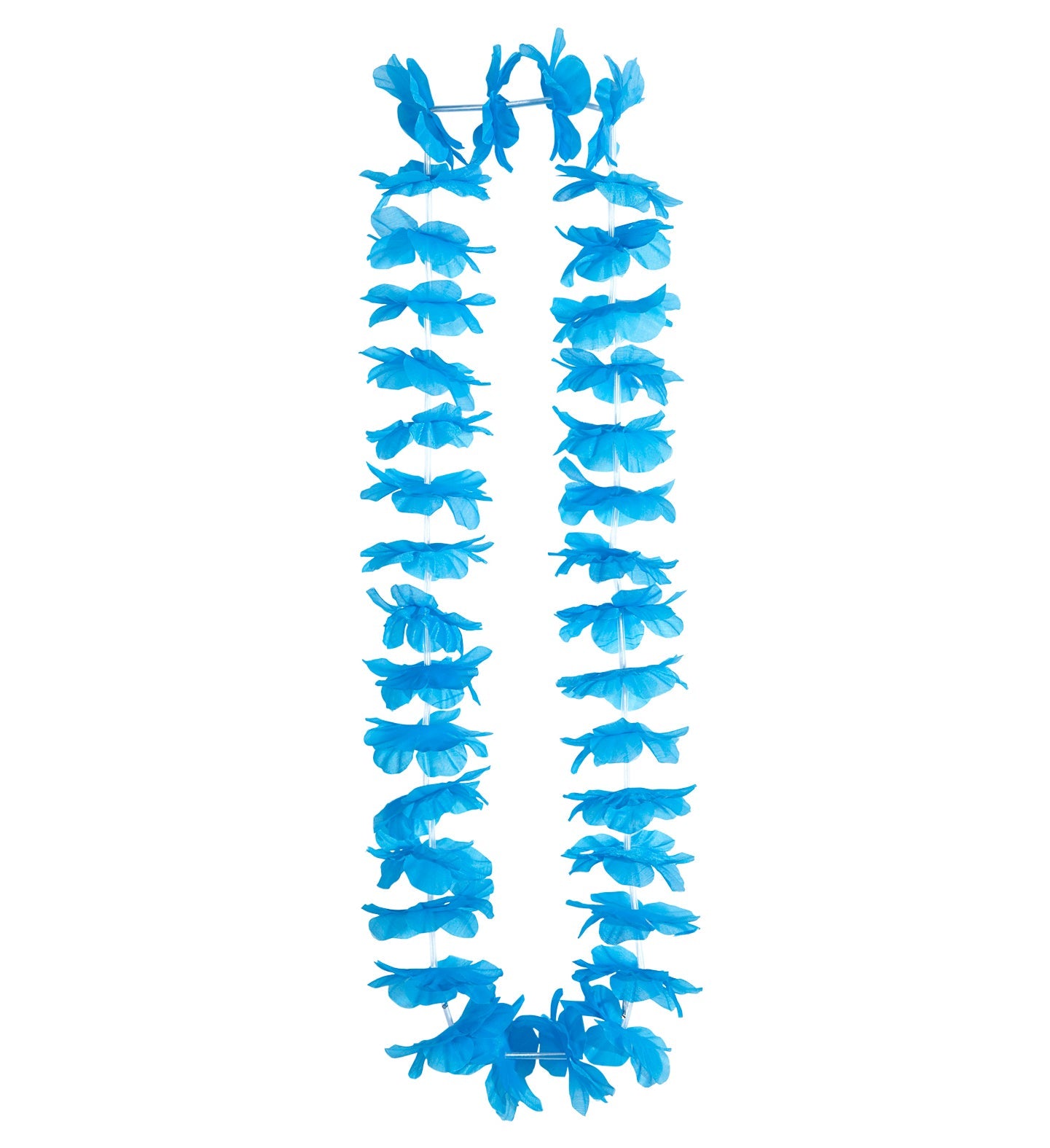 Hellblaue Stoffblüten-Halskette im Hawaii-Stil mit verstellbarem Band, leicht und sommerlich.