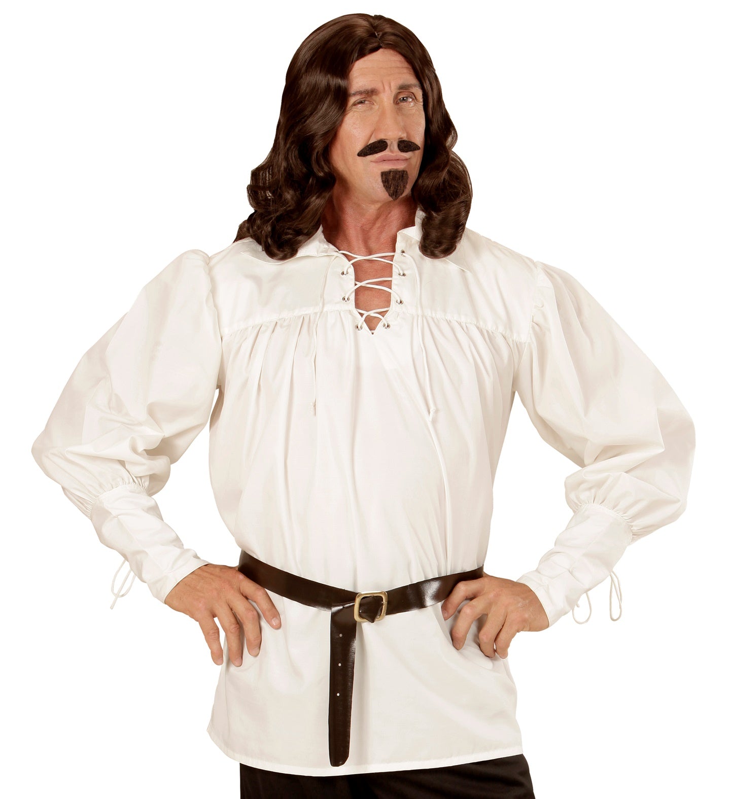 Man in beige washed cotton medieval pirate shirt with laced front and wide sleeves.