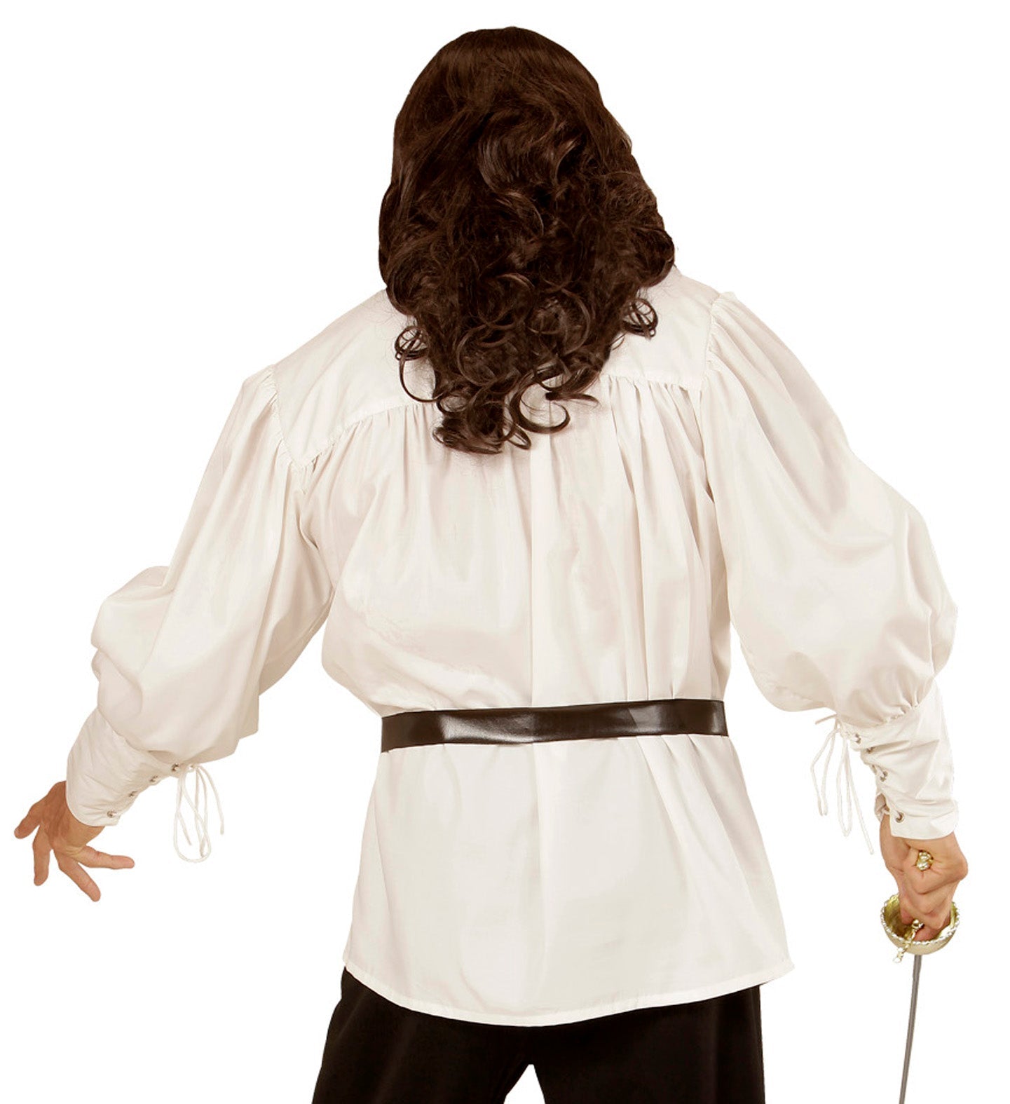 Rear view of beige washed cotton pirate shirt with puffed sleeves and belt.