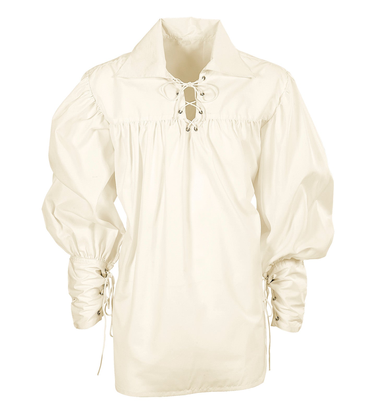 Beige washed cotton men's medieval pirate shirt with lace-up neck and puffed sleeves.