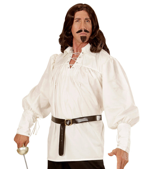 Man in beige washed cotton medieval pirate shirt with laced front, puffed sleeves, belt, and sword.