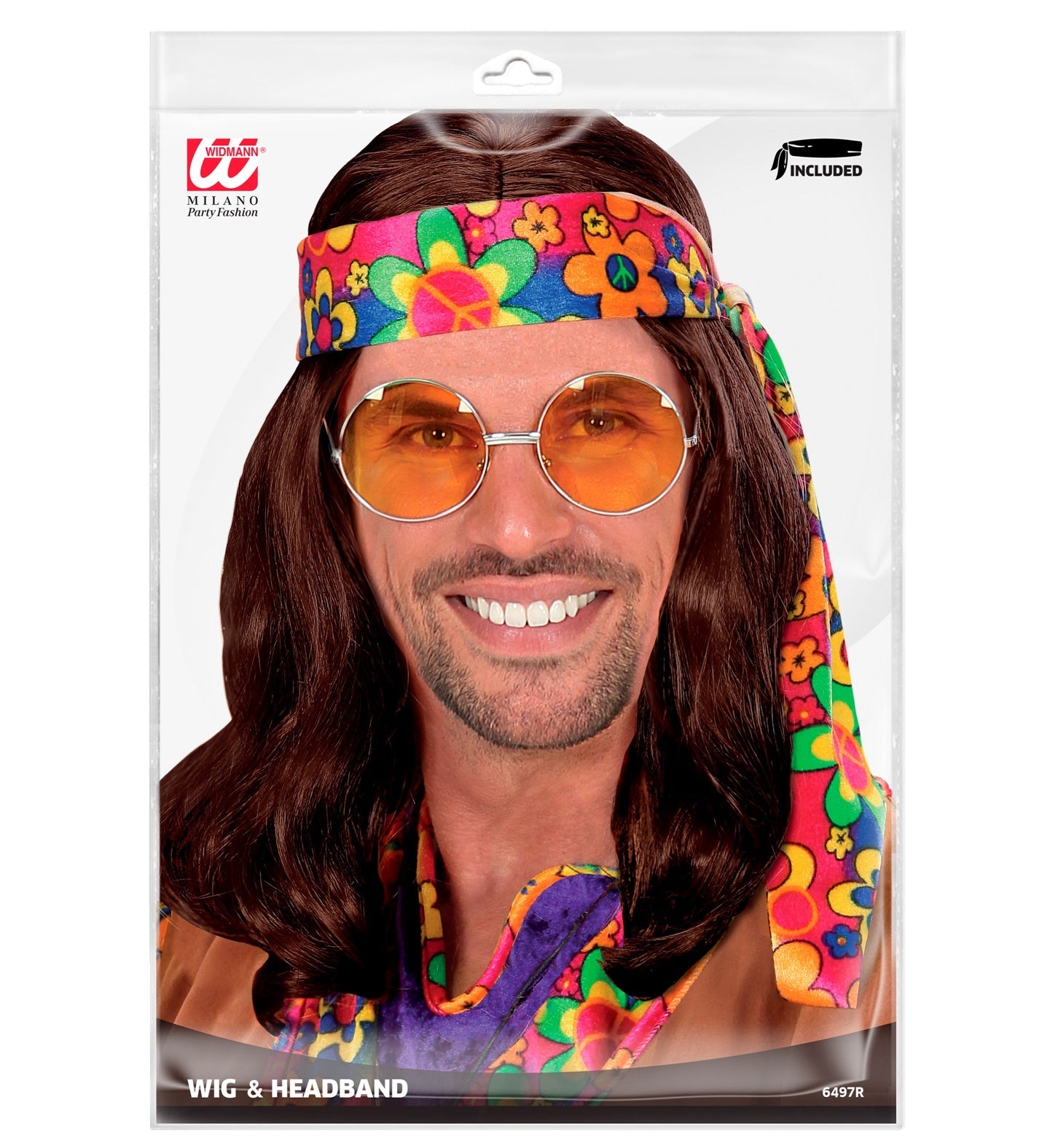 Braune Hippie-Perücke mit Stirnband im 70er-Jahre-Stil, ideal für Themenpartys.