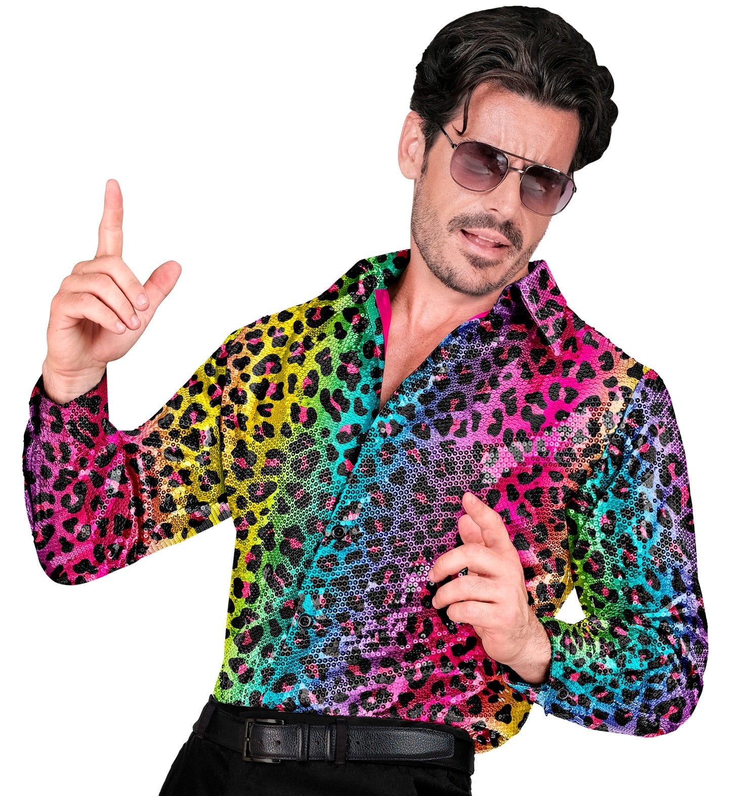 Man in reversible rainbow leopard print sequin shirt posing dynamically.