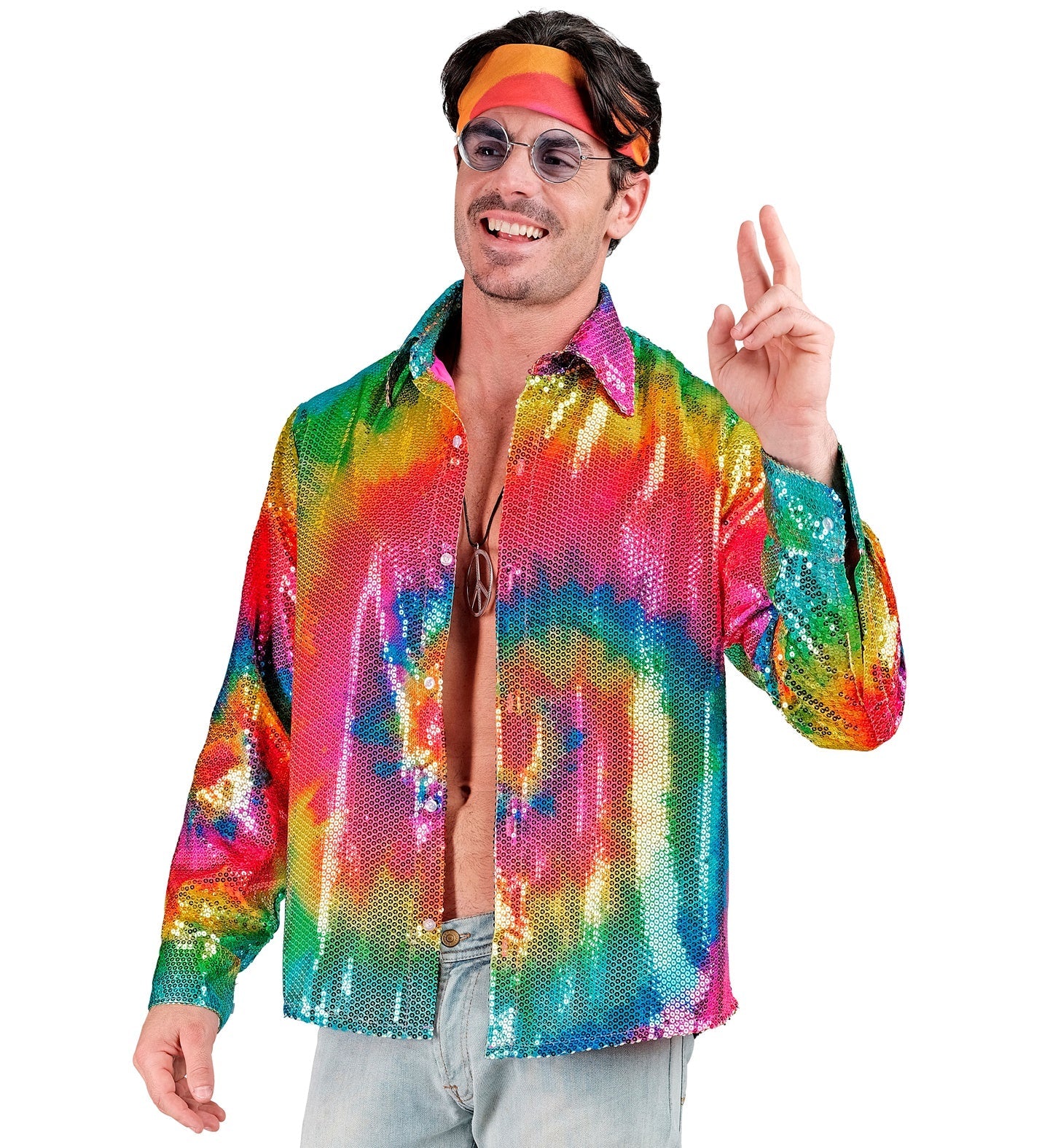 Man in shimmering rainbow sequin tie-dye shirt making peace sign.