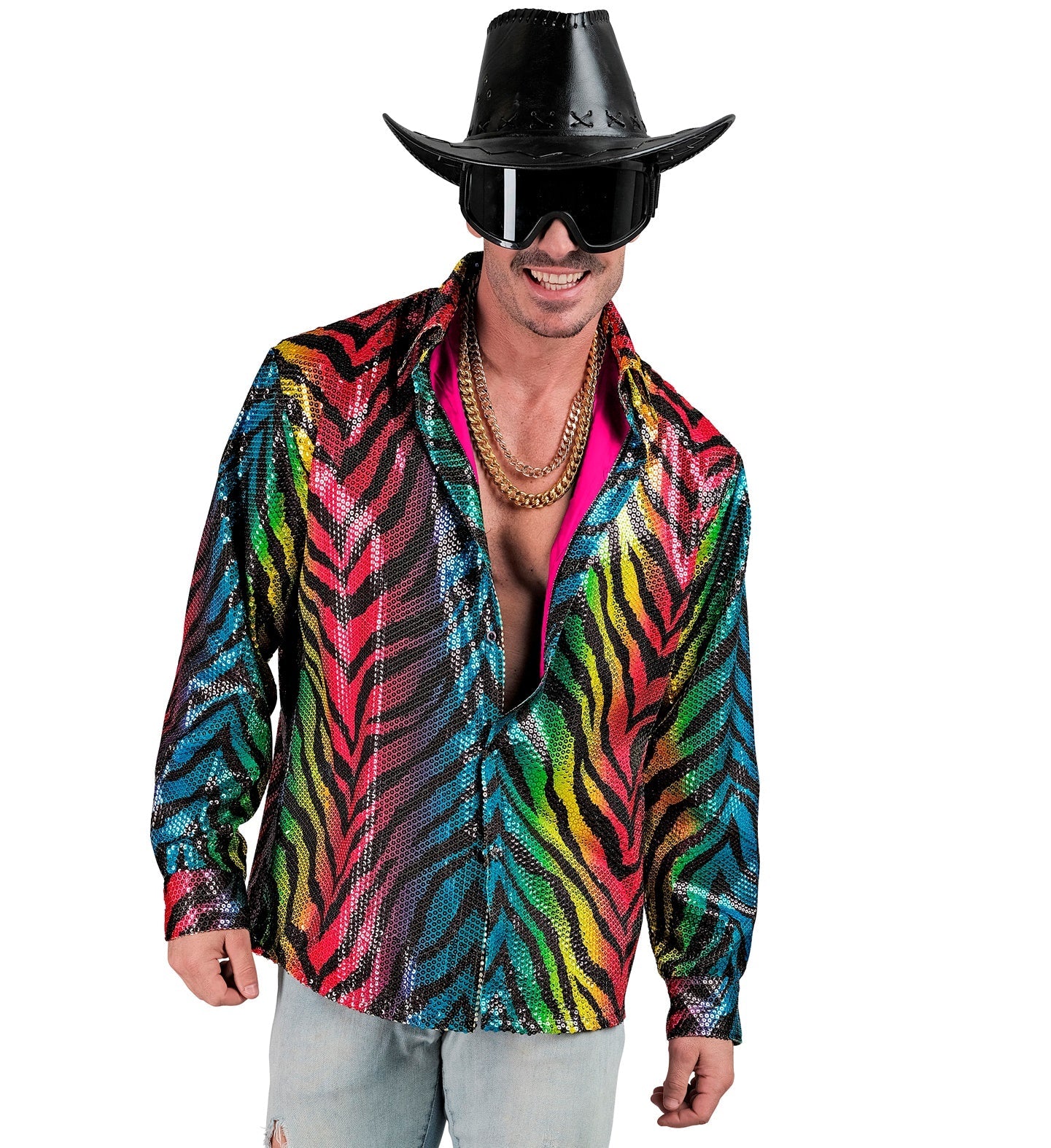 Man wearing a rainbow tiger-print sequin shirt with black cowboy hat and sunglasses.