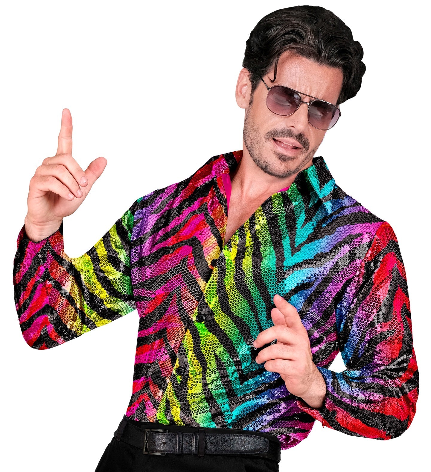 Man in rainbow tiger-print sequin shirt posing dynamically.