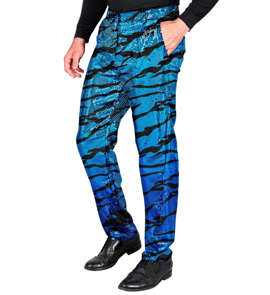 Men's black and blue sequin zebra print trousers with elastic waist and slim fit.