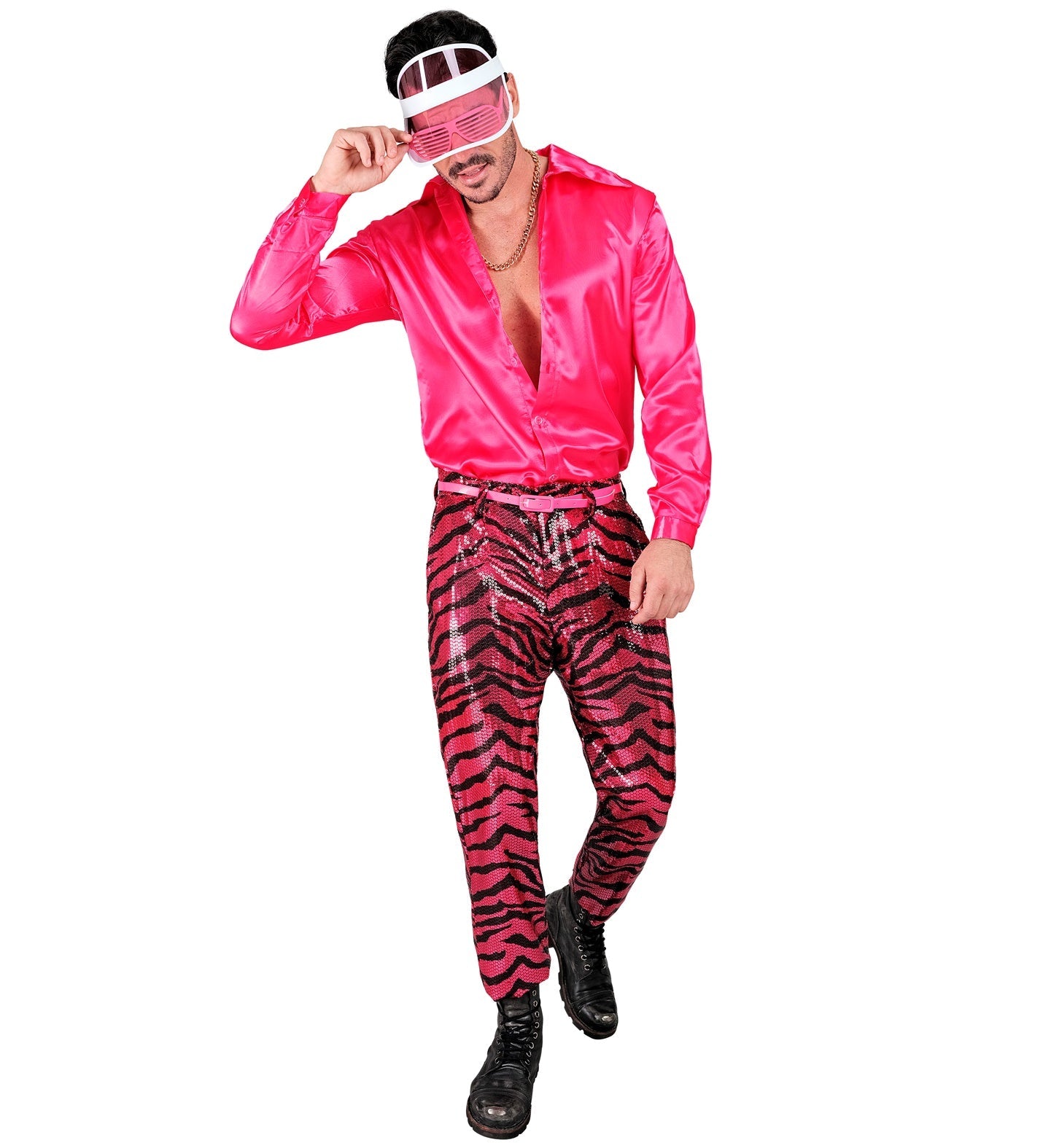 Man in pink sequin shirt and black-and-pink zebra print pants with elastic waist.