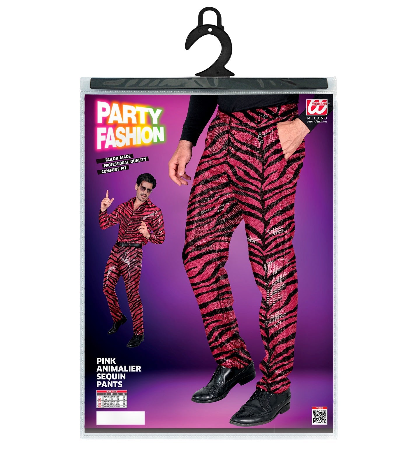 Men's sequin zebra print pants in black and pink on product packaging.