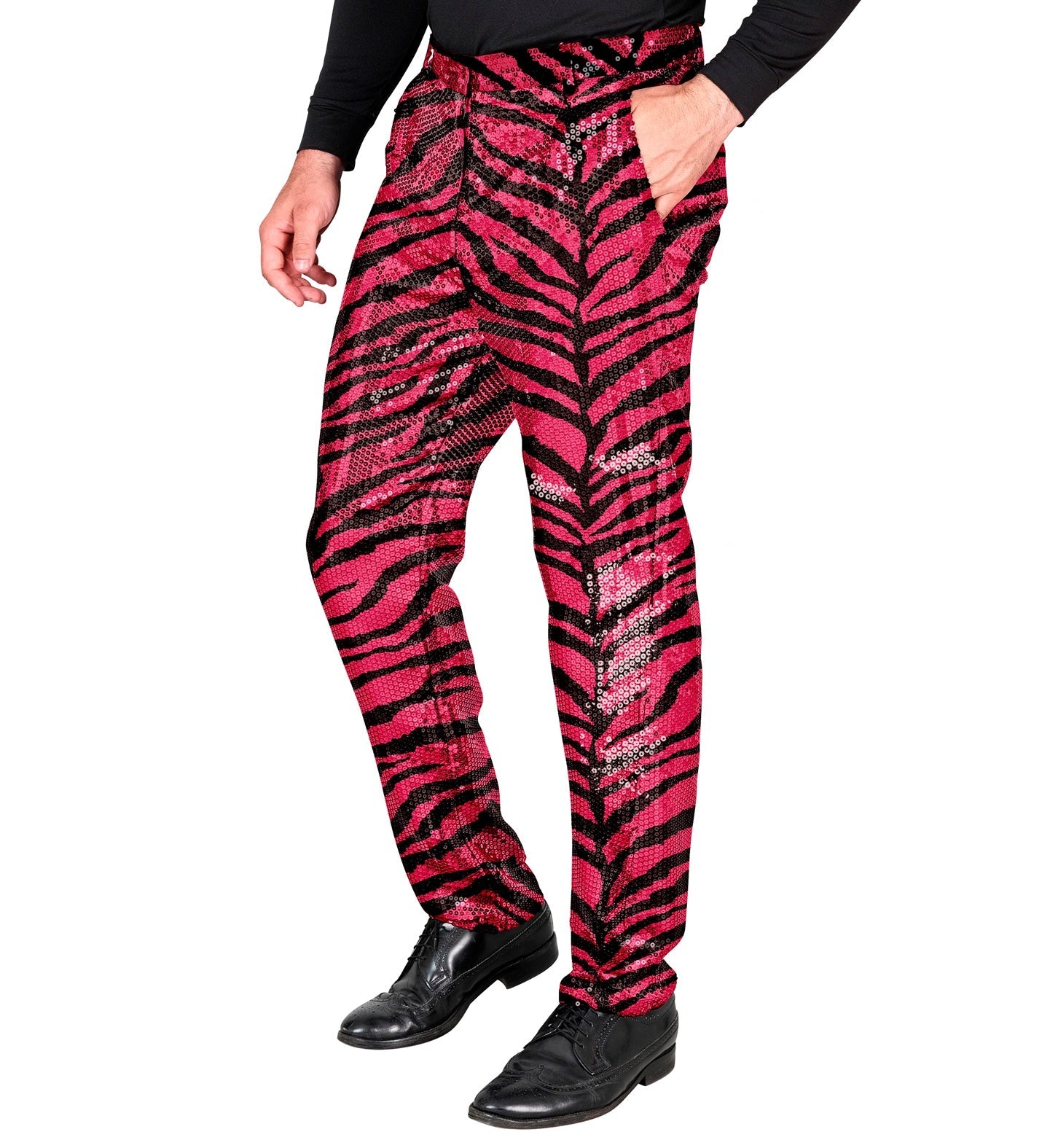 Men's sequin zebra print pants in black and pink with elastic waist.