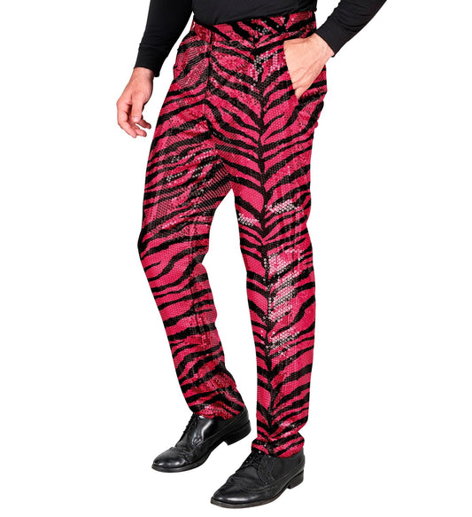 Men's sequin zebra print pants in black and pink with elastic waist.