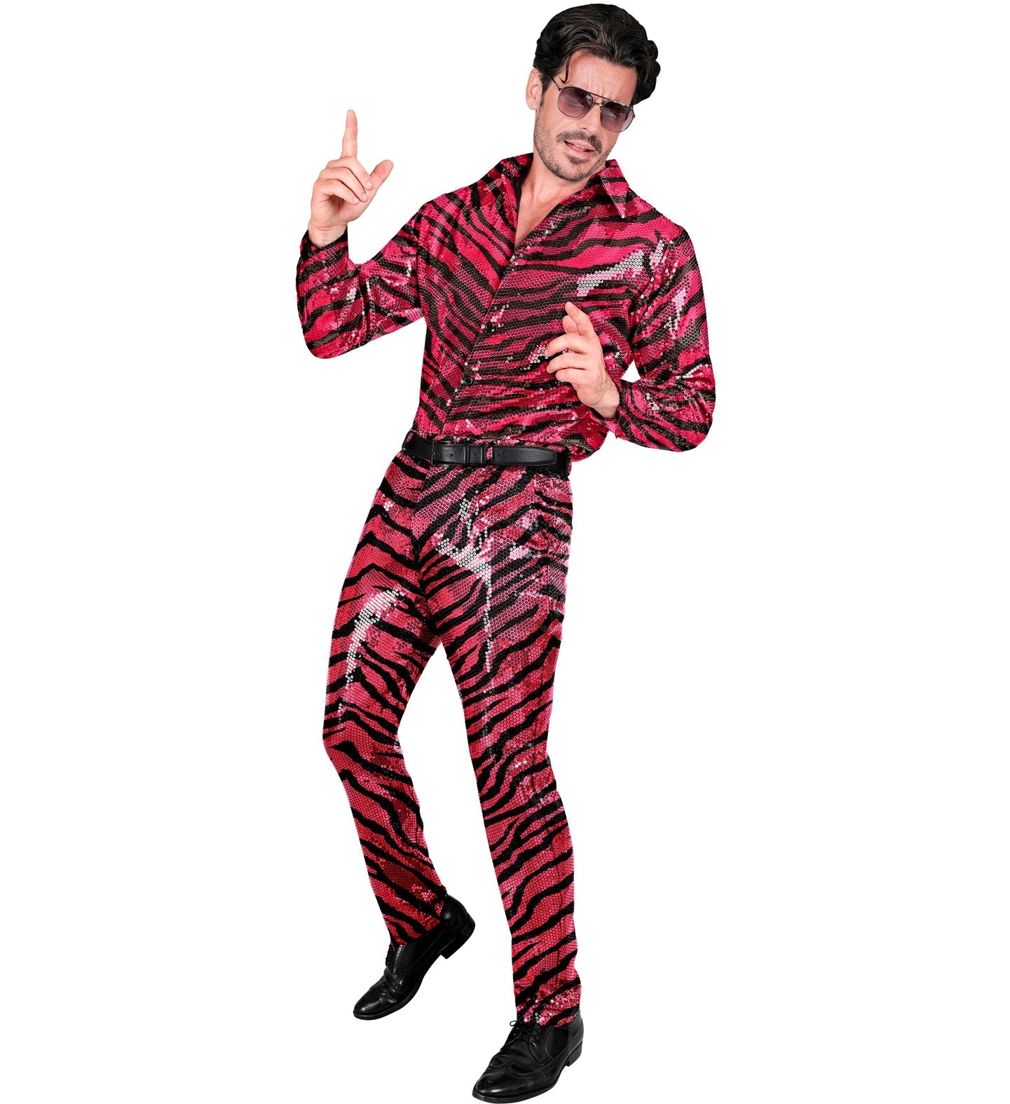 Man in shiny pink zebra-print sequin pants and shirt posing dynamically.