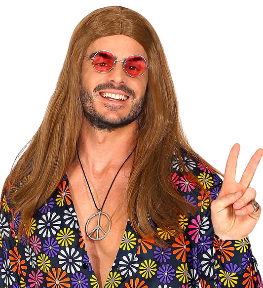 Braune Herrenperücke im 70er Jahre Hippie-Stil mit schichten und Highlights.