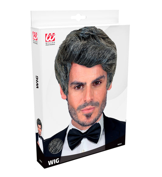 Herrenperücke Rick in meliertem Grau aus Kunsthaar, ideal für verschiedene Anlässe.