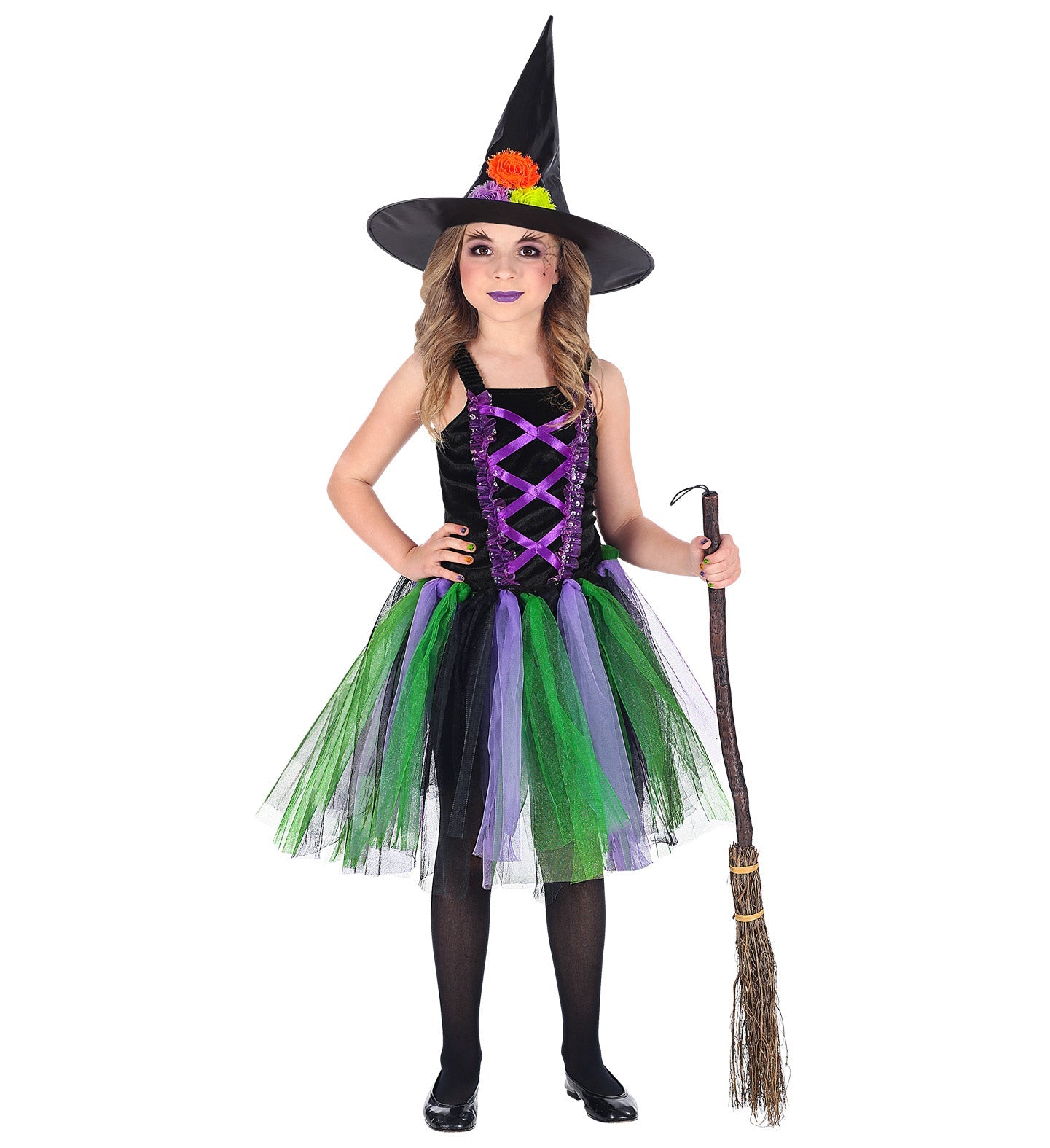 Hexe Emma Kinder Halloween Kostüm – Widmann Lila Tüllkleid Gr. 110 - Fasnacht24.ch