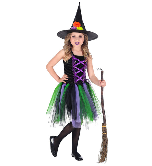 Hexe Emma Kinder Halloween Kostüm – Widmann Lila Tüllkleid Gr. 110 - Fasnacht24.ch