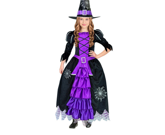 Schwarzes und lila Hexenkostüm für Mädchen mit Kleid, Umhang und spitzem Hut