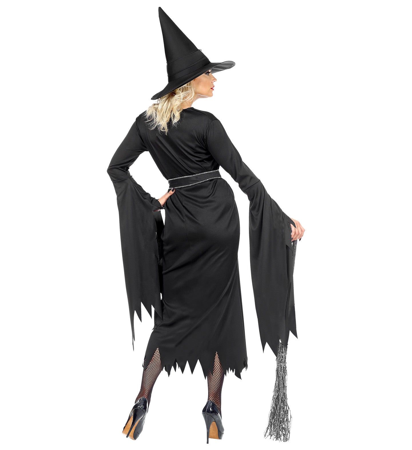 Damenkostüm Hexe Mathilda mit schwarzem Kleid, Gürtel und spitzem Hexenhut in Schwarz