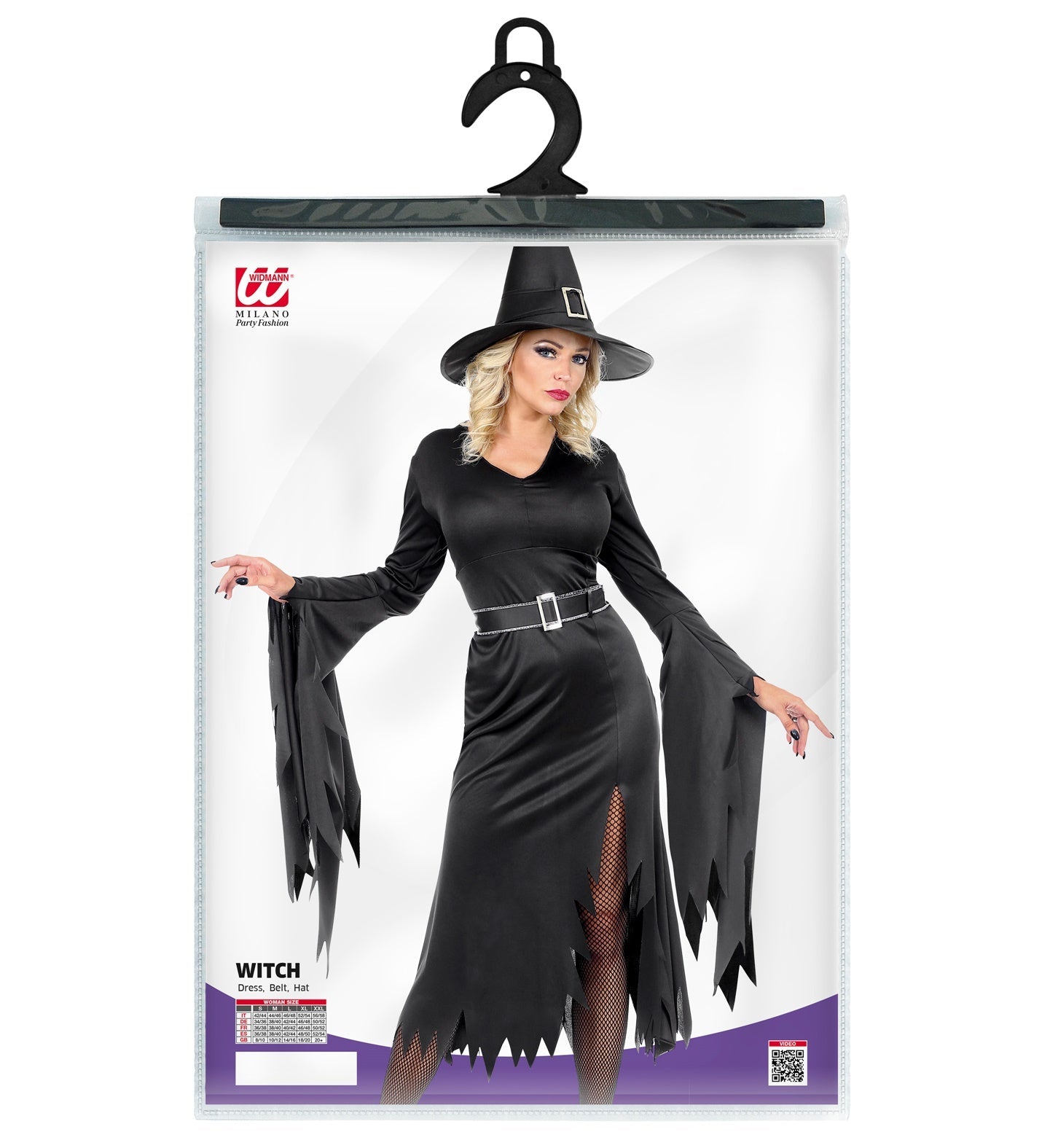 Schwarzes Hexenkleid mit Gürtel und Hut, ideal für Halloween-Kostüme.