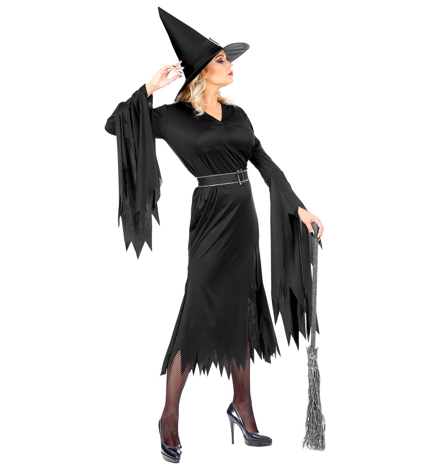 Schwarzes Hexenkleid mit Gürtel und Hut, ideal für Halloween-Feiern.