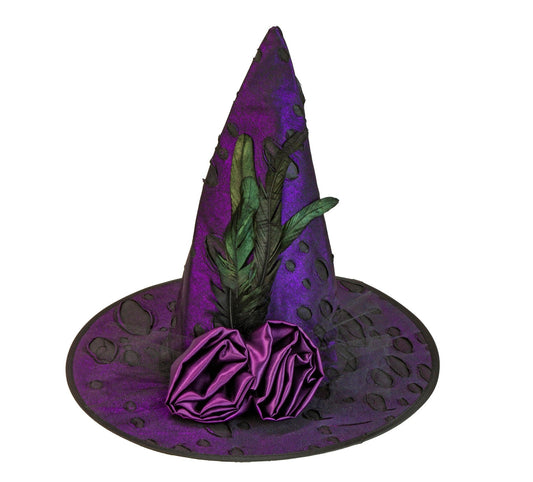Lila Hexenhut mit bunten Blumen und Federn, ideal für Karneval und Halloween.