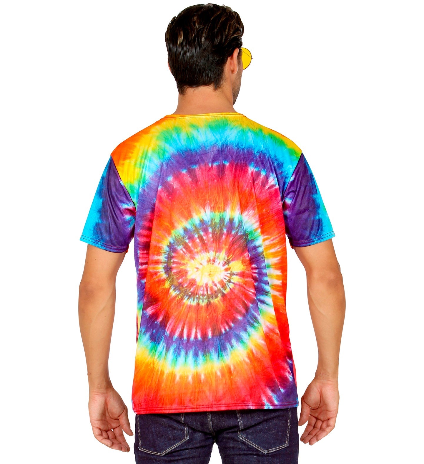 Rear view of a man wearing a colorful hand-dyed batik hippie shirt with relaxed fit.