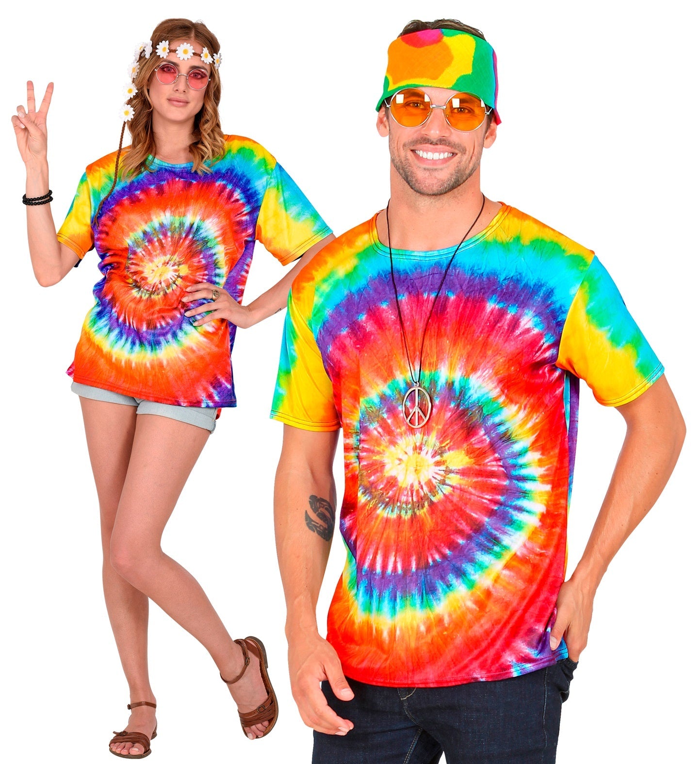 Unisex hand-dyed batik hippie shirt in rainbow tie-dye pattern on relaxed-fit cotton.