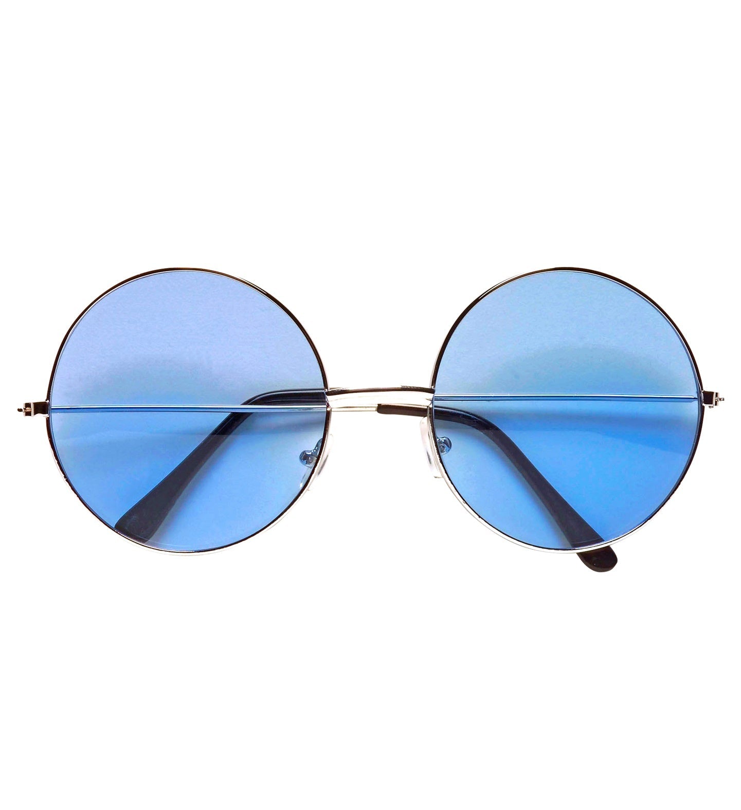 Blue-tinted round hippie sunglasses with UV protection and lightweight frame.