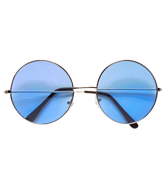Blue-tinted round hippie sunglasses with UV protection and lightweight frame.