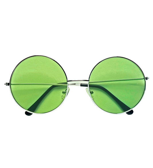 Round metal-frame hippie glasses with green UV400 lenses.