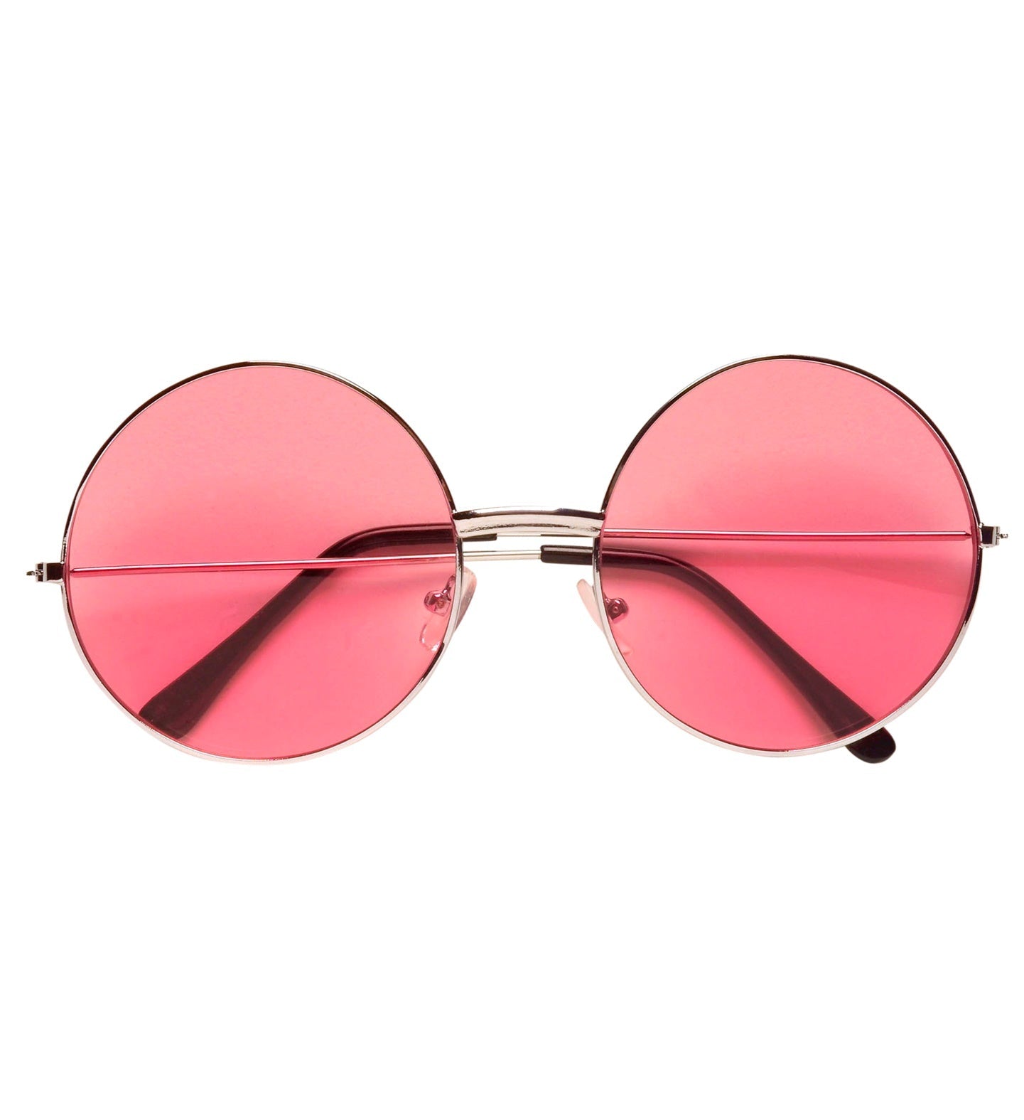 Pink tinted round hippie glasses with metal frame.