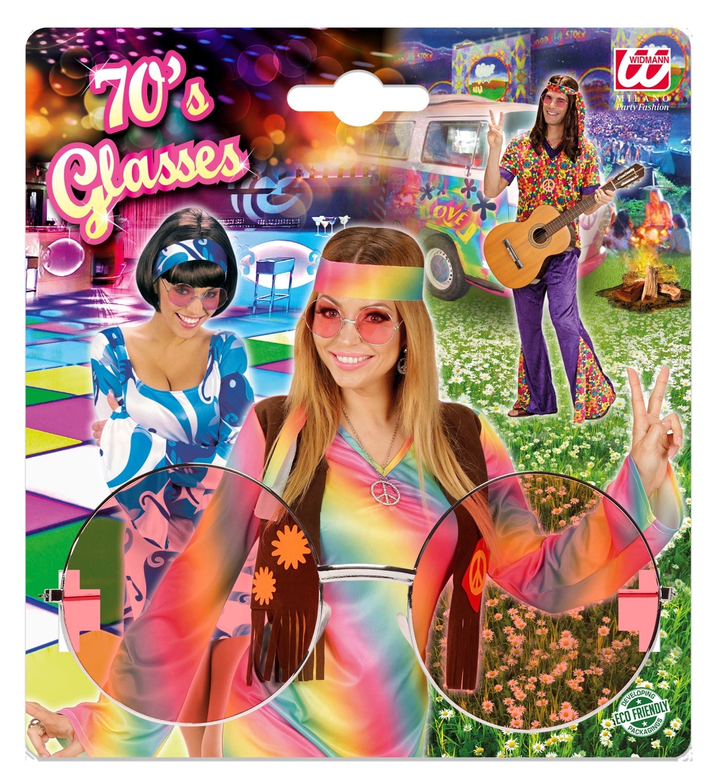 Pink-tinted hippie glasses with 1970s retro frame on product packaging.