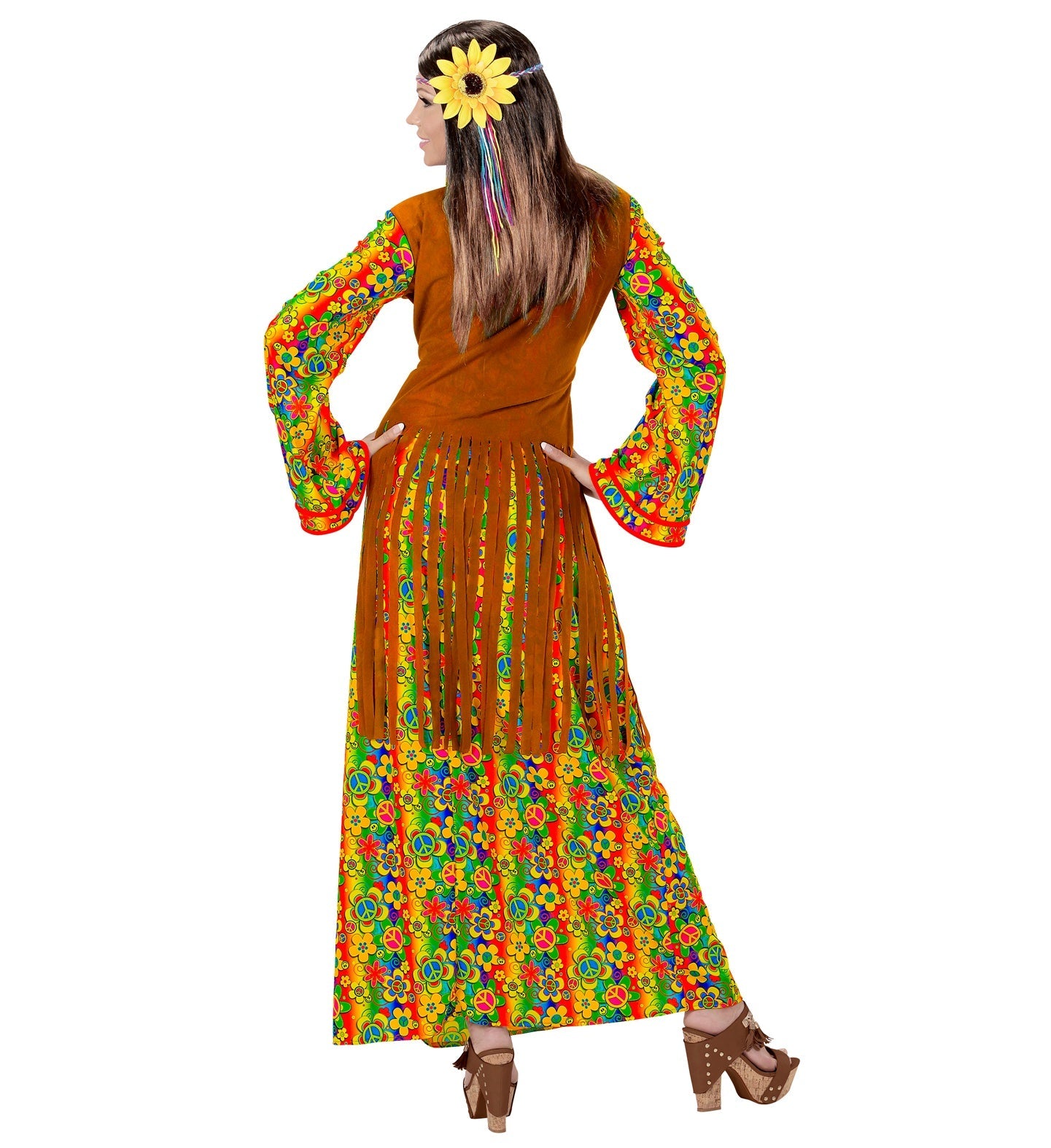 Back view of a woman in a colorful hippie dress with flared sleeves and a daisy headband.