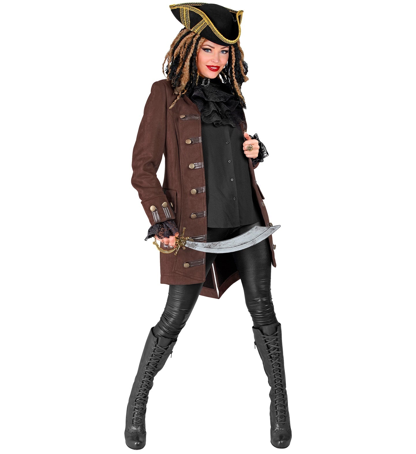 Grauer historischer Damen-Piratenmantel mit breitem Revers und Metallknöpfen