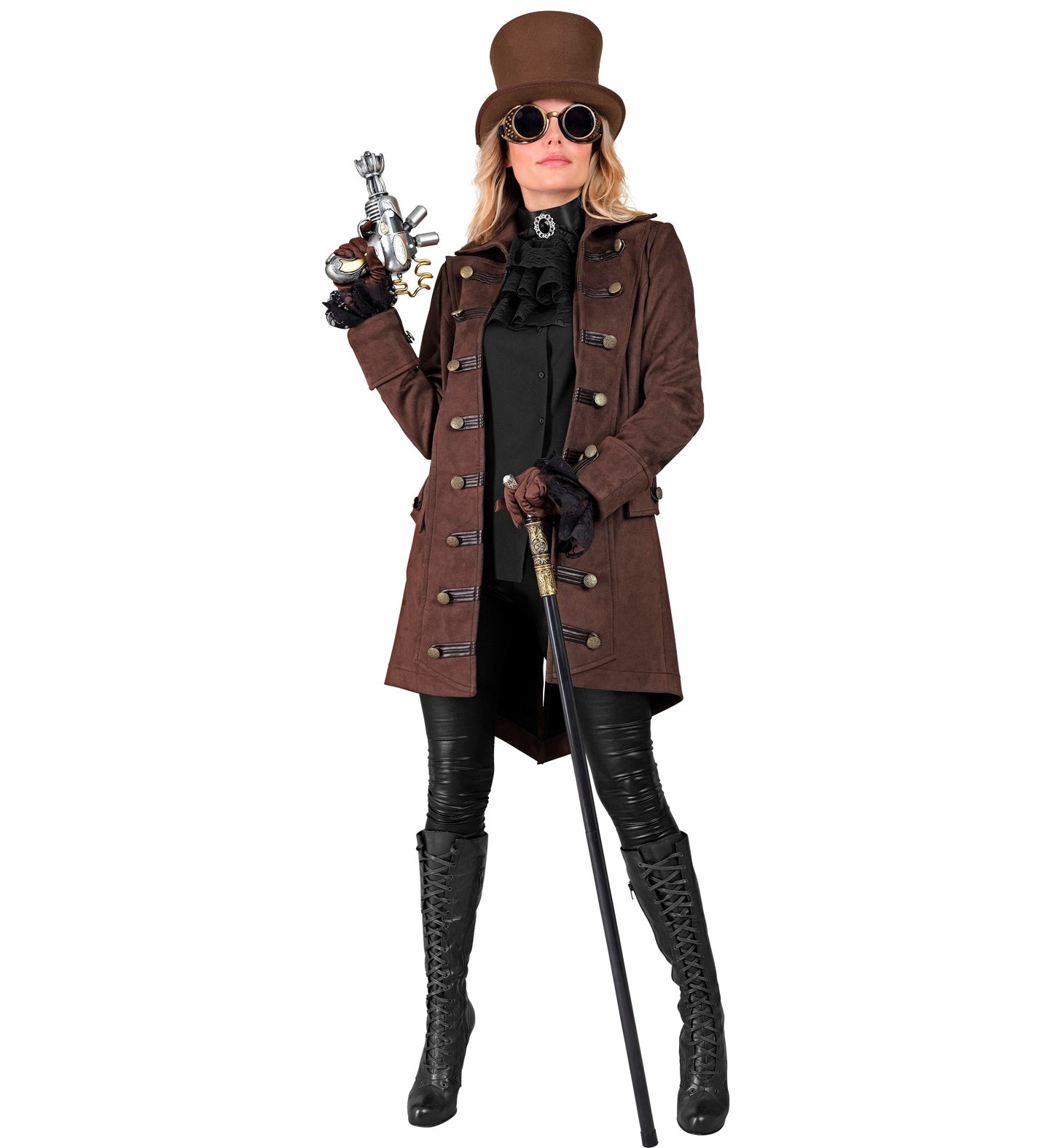 Grauer Damenmantel mit breitem Revers und Metallknöpfen für Piratenkostüme.